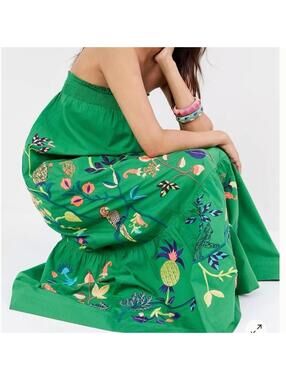 Rare Anthropologie Ruffled Floral Embroidered Caribbean design Maxi Dress Sz S